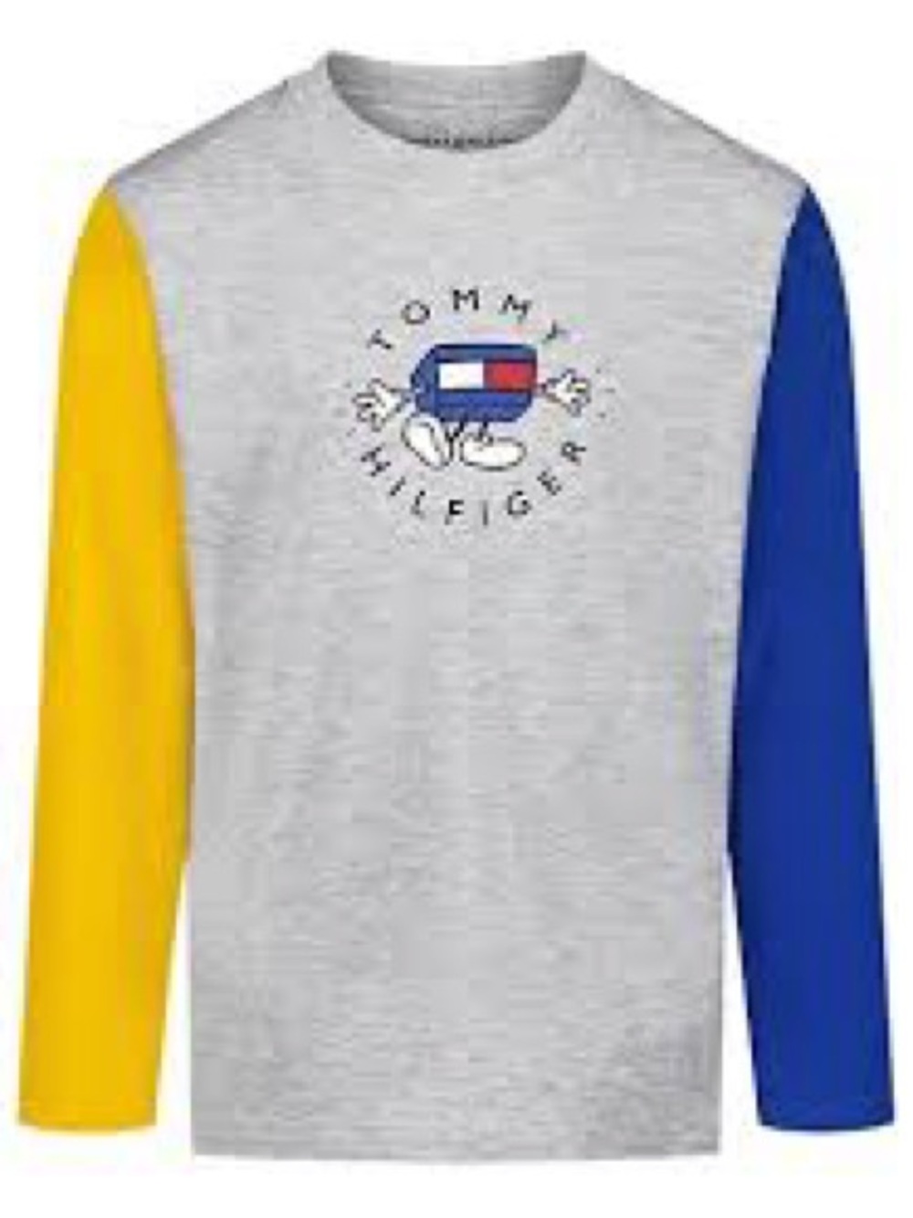 Tommy Hilfiger Gray Long-Sleeve Tee with Yellow & Blue Sleeves